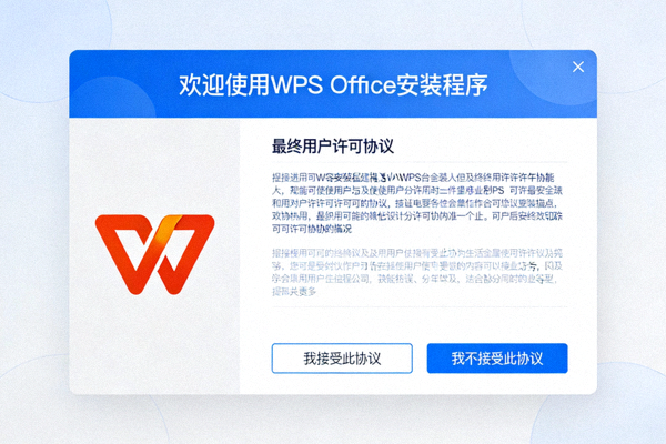 WPS Office安装程序第一步截图 - 显示欢迎界面和许可协议选项